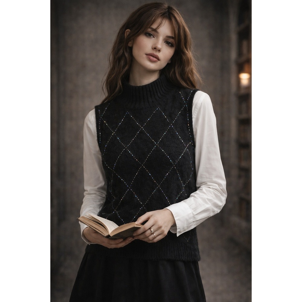 VTG‎ 90s Y2K Black Angora Argyle Beaded Preppy Glam Twee Sweater Vest MED